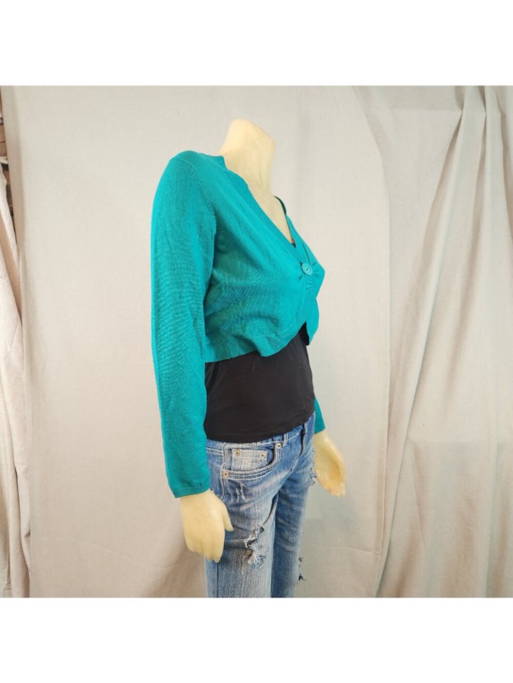 Petite Sophisticate Green SMALL Button Silk Blend Knit Shrug Sweater Womens USED - Picture 4 of 5
